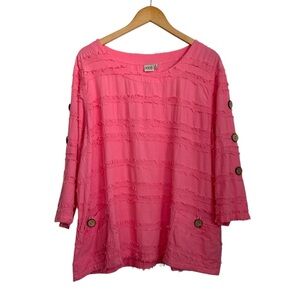 Focus Womens Textured Fringe Tunic Top XL Pink Cotton 3/4 Sleeve Button Details